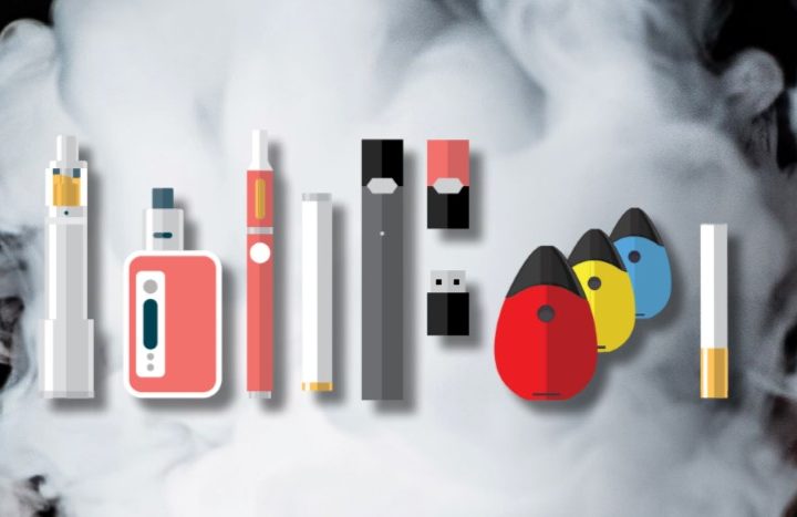 modern vape and e-cigarette devices. Smoking vapor in the background.