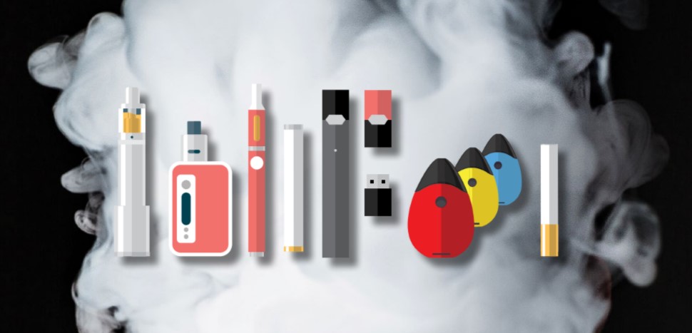 modern vape and e-cigarette devices. Smoking vapor in the background.